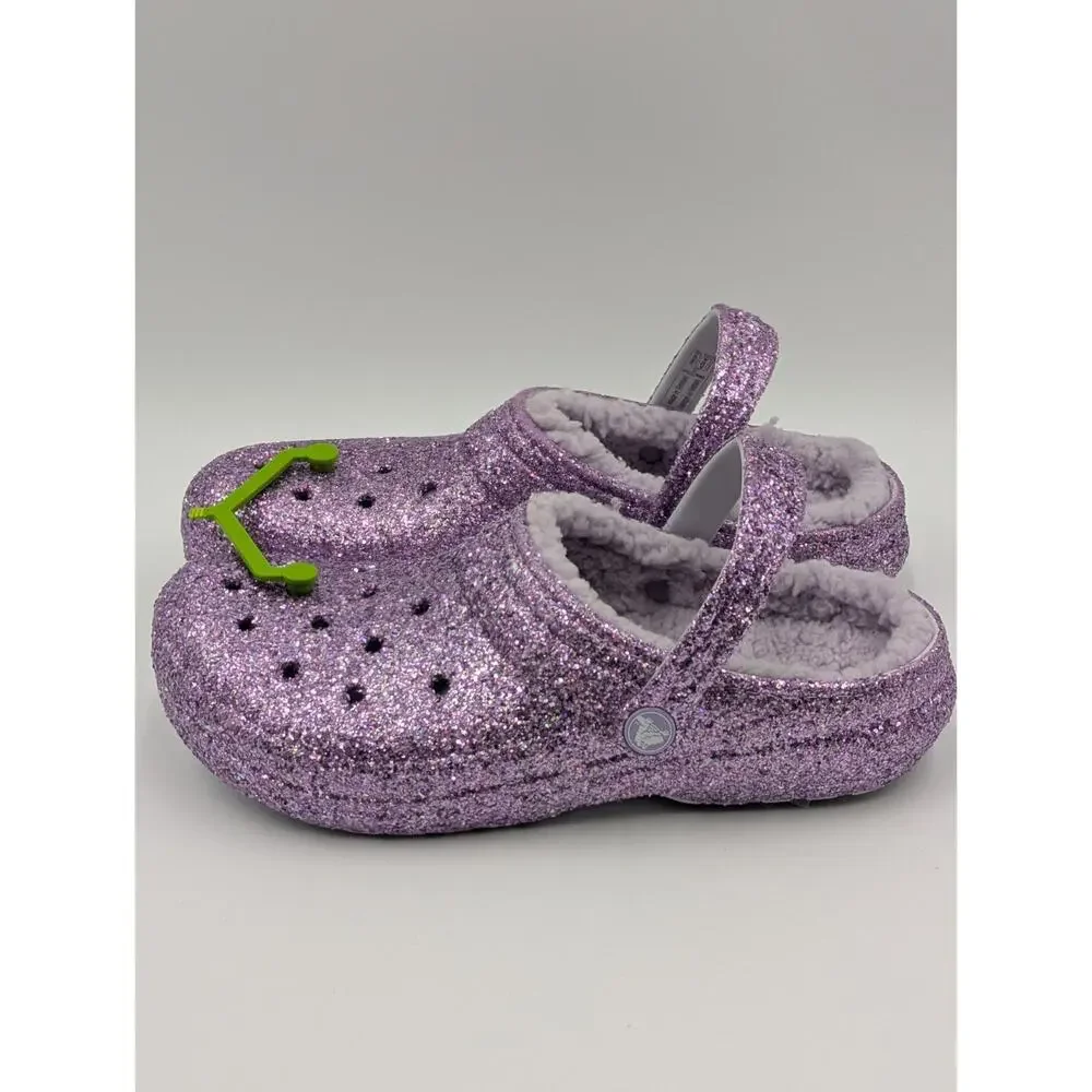 Crocs Kids Girls Size J5 Classic Lined Chunky Glitter Purple Fuzzy Sparkly Clogs